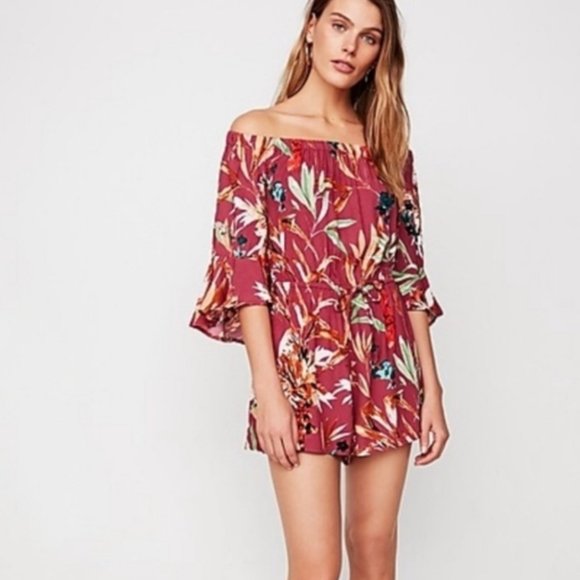 Express Tropical Off Shoulder Ruffle Rompe… - Picture 4 of 11